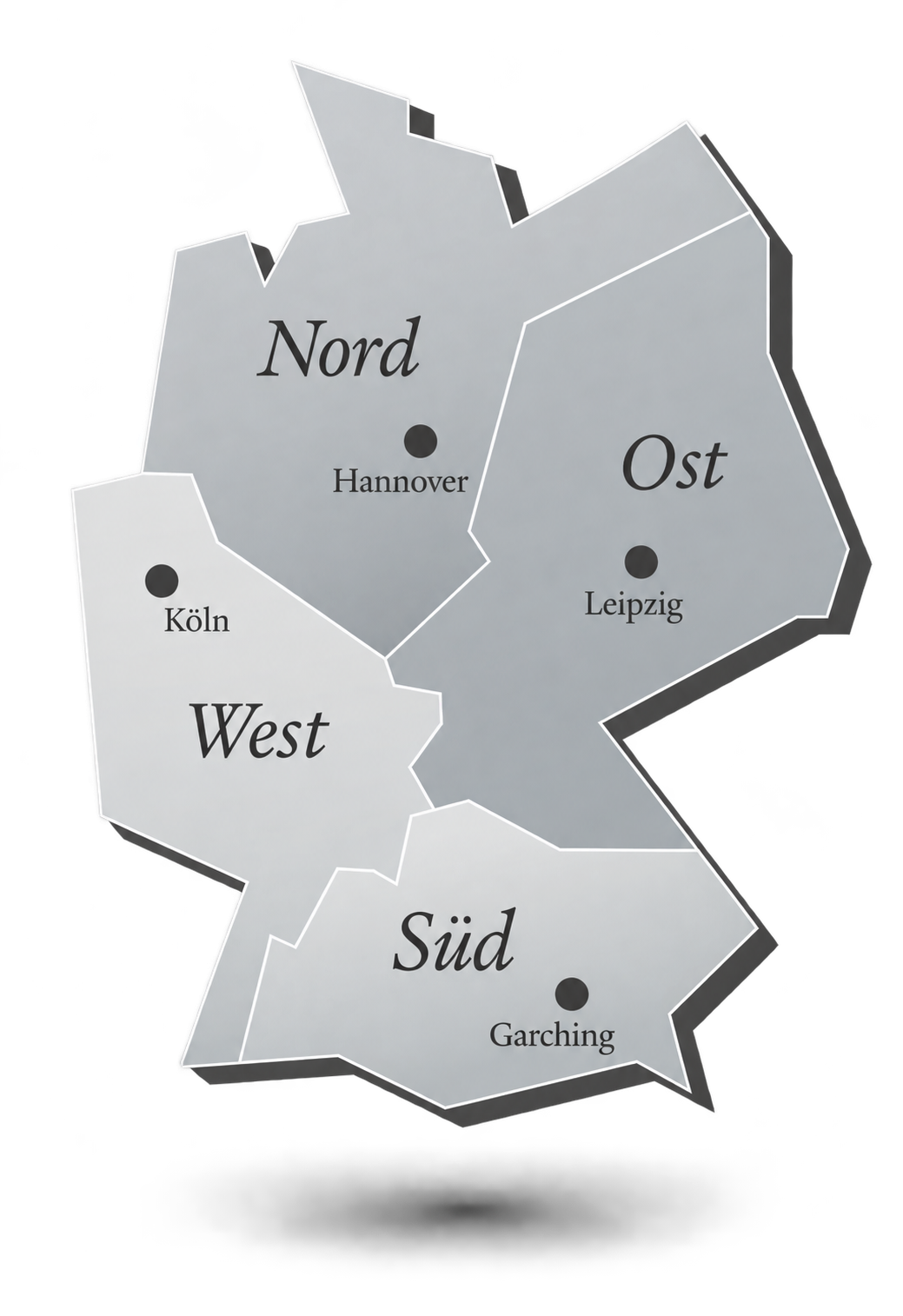 Regionen: Nord in Hannover, Ost in Leipzig, Süd in Garching, West in Köln